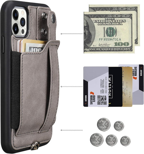 TOOVREN Wallet Case for iPhone 12 Pro Max Lanyard with Kickstand Leather Card Holder Adjustable Neck Strap, Phone Protective Back Cover for iPhone...
